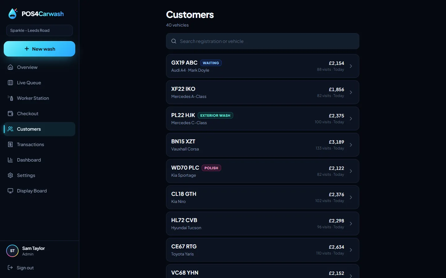 The customers list: each registration with its vehicle, total spend, number of visits and last visit.