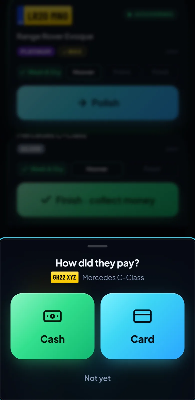 Finishing a car: How did they pay? Cash or Card.