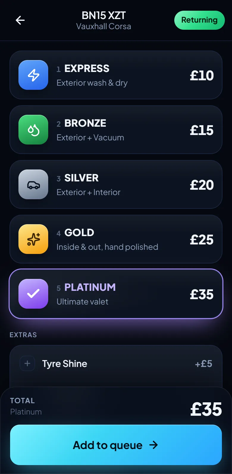 Choosing a service for a returning car: Express, Bronze, Silver, Gold or Platinum, with extras.